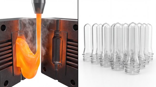 3D render of hot molten plastic injected into a mold and clear PET bottle preforms