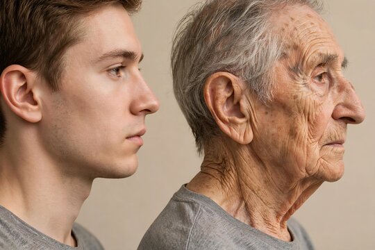 Side profile comparison of a young Caucasian man and an elderly Caucasian man illustrating the human aging process, generation gap, and passing of time against a neutral background