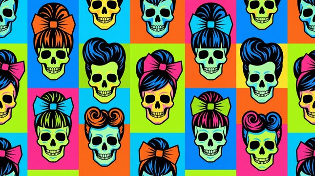 Pop art rockabilly skull seamless pattern with vibrant retro hairstyles