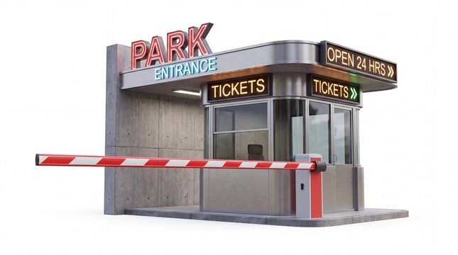 Modern Automated Parking Entrance Booth with Security Gate Barrier and 24 Hour Ticketing System for Urban Facilities and Vehicle Management