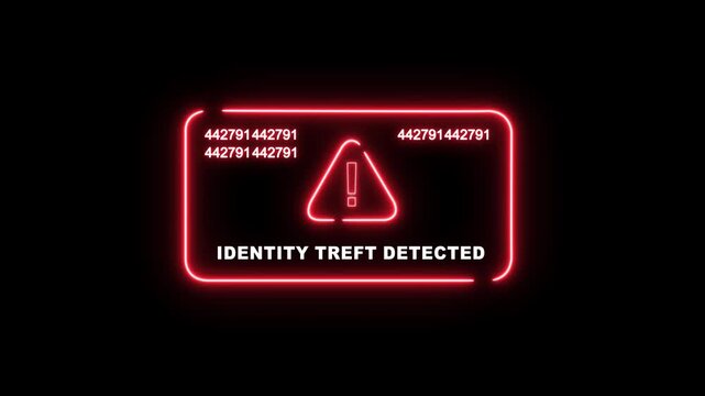 Cybersecurity alert warning featuring neon red identity theft detected notification with rapidly changing digital data codes for online fraud prevention and secure network protection concepts