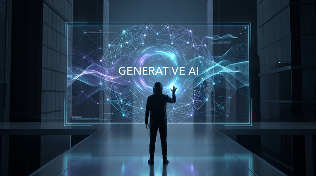A silhouette of a person interacting with a complex glowing holographic data interface in a dark futuristic room