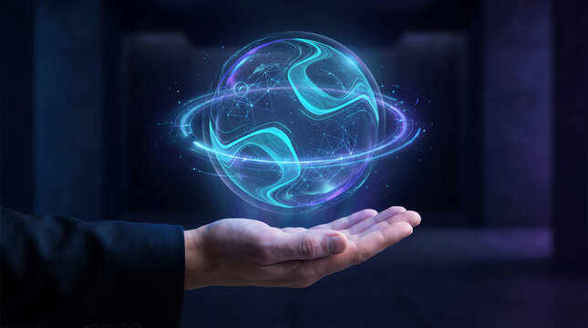A human hand holding a glowing blue holographic sphere representing advanced digital technology and futuristic data visualization concepts