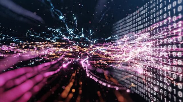 Abstract big data visualization with colorful data streams, binary code, analytics, machine learning, data processing, and digital network technology background.