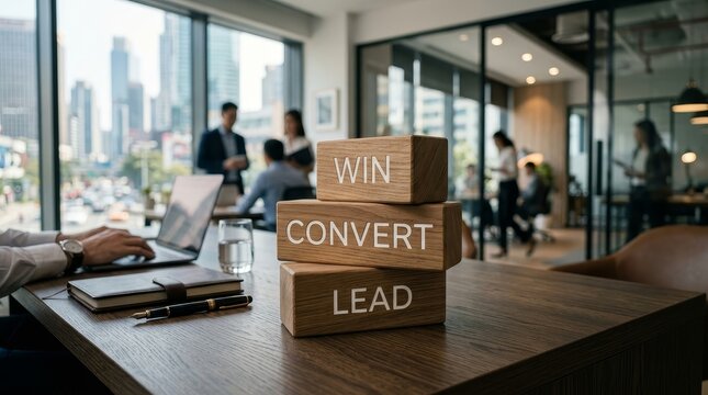 Business team planning strategy with wooden blocks labeled lead convert win