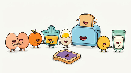 Fototapeta premium Happy cartoon breakfast food characters with smiling faces