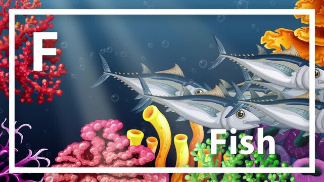 Animated School of Tuna Swimming Through Vibrant Coral Reef