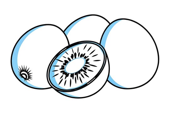 Three kiwi fruits with one cut in half showing seeds