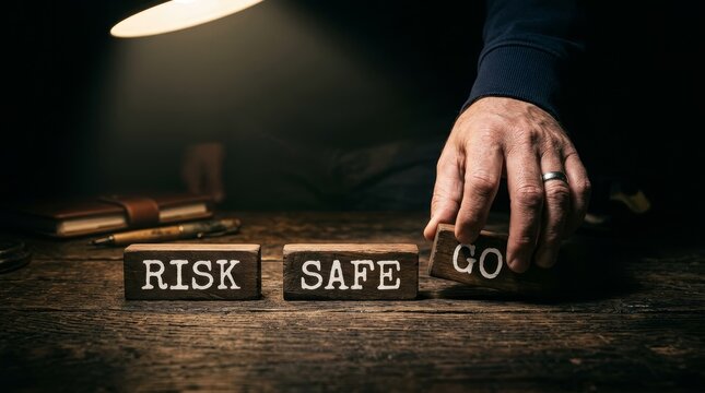 Hand arranging wooden blocks labeled risk safe and go