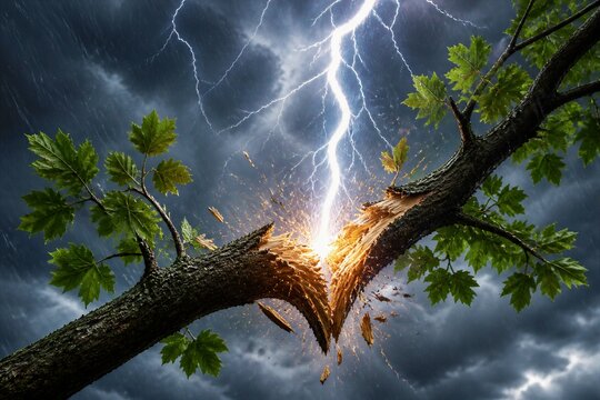 Lightning striking tree splitting large branch during storm