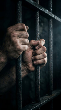Dirty Hands Gripping Rusty Prison Bars in Dark Jail Cell