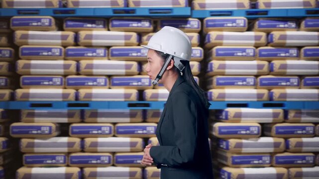 Side View of Asian Businesswoman Walking and Speech at Warehouse Stacked Cement Bags Pallets