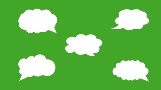 Set of white thought bubble cloud speech bubbles on green screen background animation.