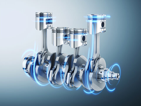 Car engine pistons and crankshaft - engineering concept. 3d rendering