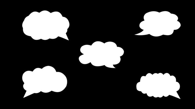 Set of white thought bubble cloud speech bubbles on black screen background animation.