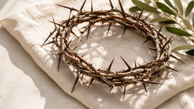 Crown of thorns on a white linen cloth with warm light. Religious symbol of sacrifice and suffering. Easter and spiritual concept. Copy space