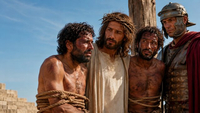 Jesus of Nazareth and two others, one bound, before a Roman soldier, silhouetted against a bright, dusty sky with an ancient city in the background