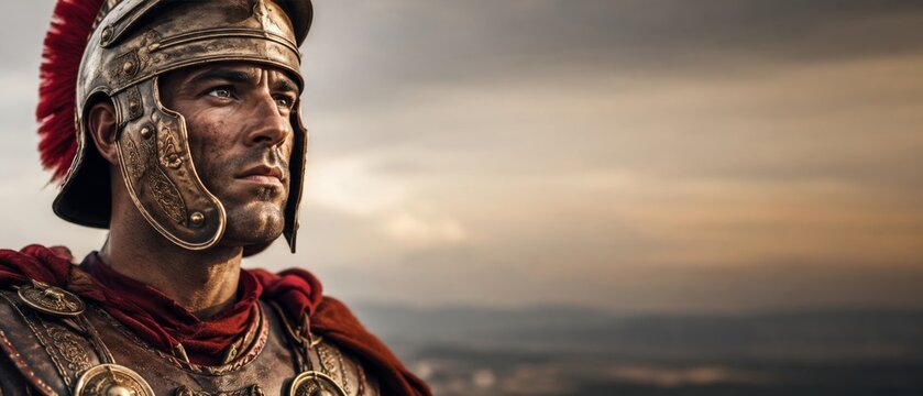 Roman Centurion or Soldier with Helmet and Red Plume Looking into Distance on a Cloudy Day, with Copy banner format