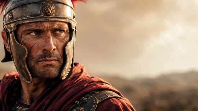 Roman Centurion or Soldier with Helmet and Red Plume Looking into Distance on a Cloudy Day, with Copy banner format