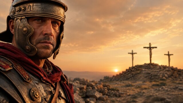 Roman soldier in ancient armor observing the crucifixion scene with three crosses on a rocky hill under a cloudy banner format