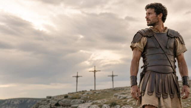 Roman soldier in ancient armor observing the crucifixion scene with three crosses on a rocky hill under a cloudy banner format