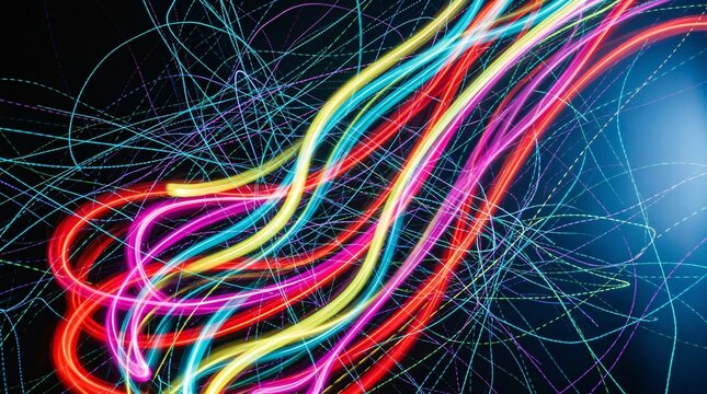 Abstract Glowing Light Trails Representing High-Speed Data Flow and Digital Connectivity in a Dark Cyber Space
