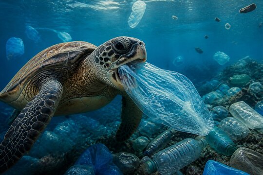 Sea turtle ingesting plastic debris among polluted ocean seabed