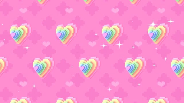 Rainbow voxel hearts with shimmering light effect on pink background. (loop)