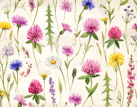 Watercolor seamless pattern with wildflowers, plants, dandelions and daisies. Delicate handmade print on paper texture for wallpapers
