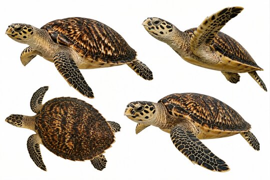 Hawksbill sea turtles swimming isolated against white background