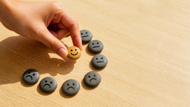 Hand selecting a happy face stone from a group of sad and neutral ones, symbolizing positive choice and customer satisfaction