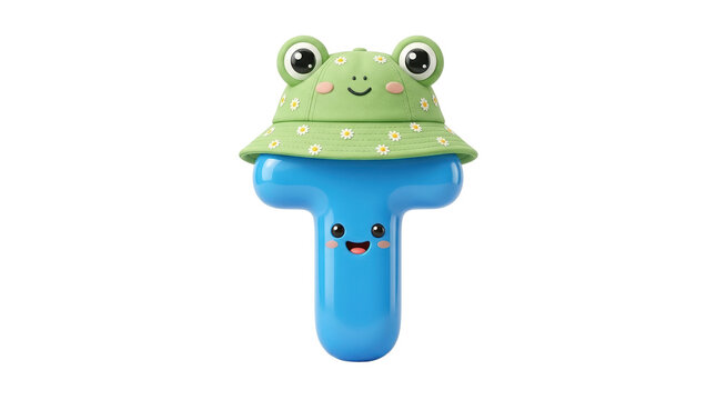 Kawaii blue letter T character, cute 3D alphabet toy with green frog bucket hat, playful nursery typography on white background