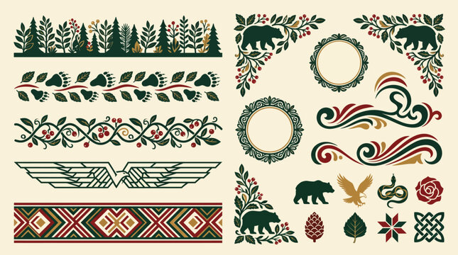 Finnish Kalevala Epic Botanical Decorative Vector Elements Set
