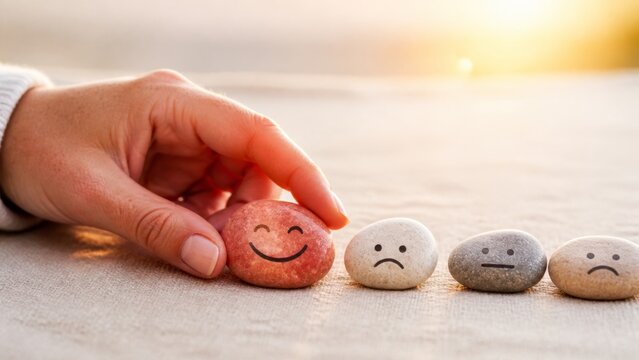 Hand selecting a happy face stone from a group of sad and neutral ones, symbolizing positive choice and customer satisfaction
