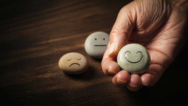 Hand selecting a happy face stone from a group of sad and neutral ones, symbolizing positive choice and customer satisfaction