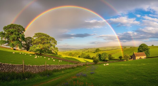 Vibrant double rainbow arches over lush green rolling hills with a farmhouse