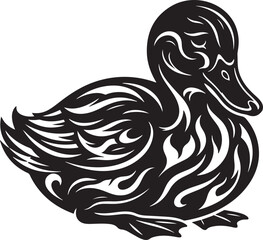Obraz premium Cute duckling vector illustration with stylized tribal patterns and ornamental black silhouette isolated on white background