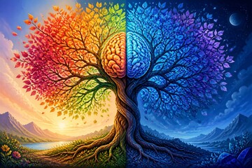 Obraz premium Tree shaped brain split into colorful day and night landscape