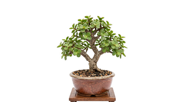 Jade bonsai tree in ceramic pot, succulent money tree plant on wooden stand, miniature crassula ovata indoor greenery on white background