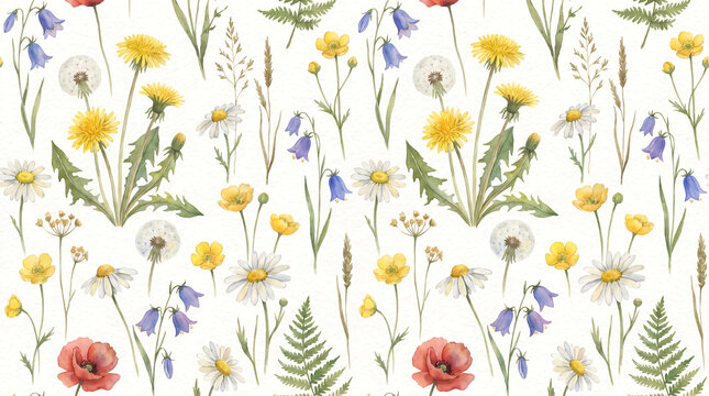 Watercolor seamless pattern with wildflowers, plants, dandelions and daisies. Delicate handmade print on paper texture for wallpapers