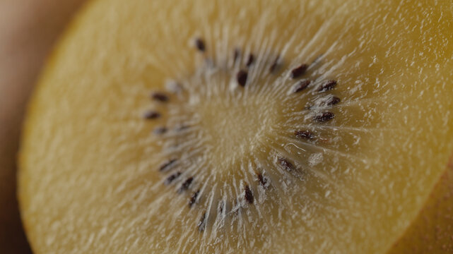 Extreme macro shot of a halved ripe golden kiwi pulp and seeds filling the frame, showing a rich juicy texture under artistic lighting. Perfect for healthy eating, gourmet food, and culinary concepts.