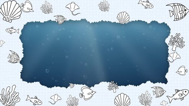 Underwater Border Frame Animation with Falling Marine Doodle Illustrations