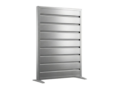 Standing rectangular silver metal partition screen with horizontal slats, isolated on a white background, for office or, room divider usage isolated on a transparent background