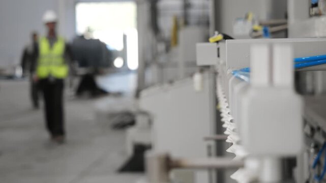 Automated industrial machinery with pneumatic components in focus and factory worker wearing safety gear walking in blurred background at modern production facility.