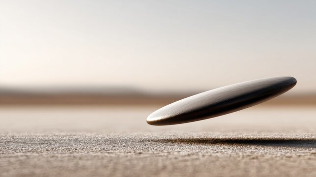 Single Metal Coin Balanced Precisely on its Edge Against a Soft Blurry Background