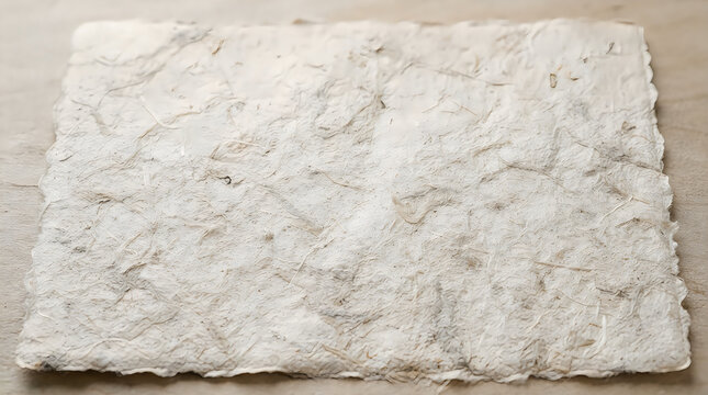 A high-quality close-up view of a rectangular sheet of handmade textured paper with rough deckled 