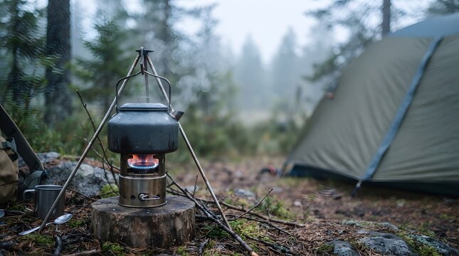 A kettle boils on a camp stove set on a wooden stump. A tent is pitched near the stove in the forest during early morning. The area has trees and fog in the background