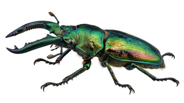 A vibrant, iridescent stag beetle is captured in a close-up shot against a stark white background. The beetle&rsquo;s elongated mandibles are prominently displayed, 
