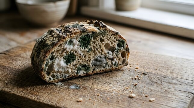 A loaf of bread sits on a wooden surface, revealing green mold. Sunlight enters through a nearby window, creating soft shadows in the kitchen