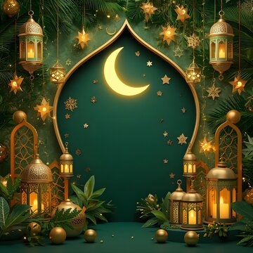 3D Islamic background for Ramadan Kareem and Eid Mubarak featuring a central arch window with glowing crescent moon, golden fanous lanterns, tropical leaves, and star decorations on a deep green backd